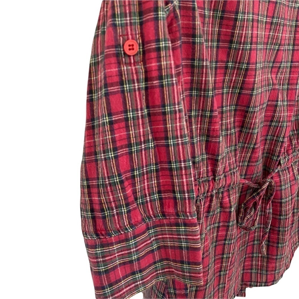 Magazine Red Plaid Button Front Collar Shirt Tab Sleeves Tie Back Sz Small - Picture 3 of 10